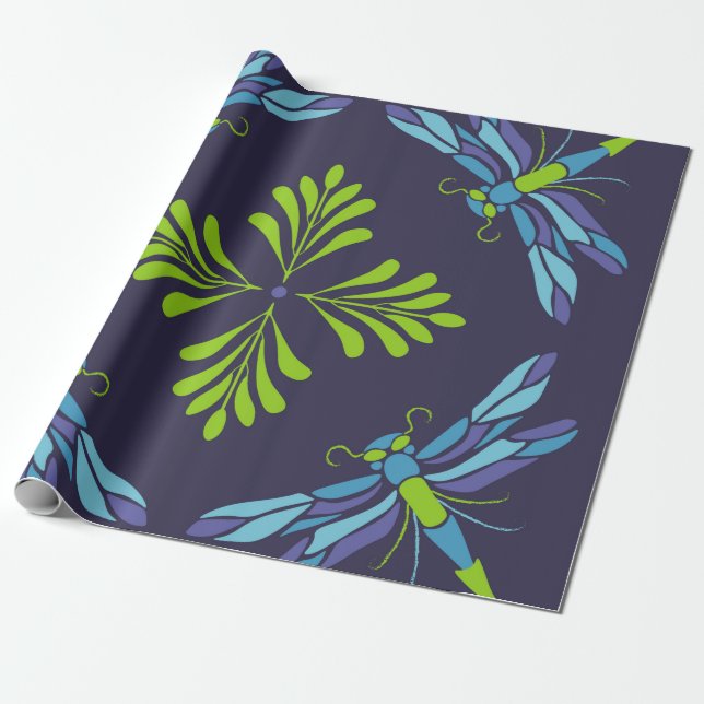 Papel De Presente Padrão de vinheta libélula azul verde sobre fundo  (Desenrolado)
