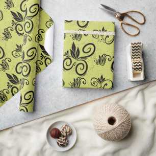Papel De Presente Padrão de Vintagem Floral Preto-Cinto Amarelo