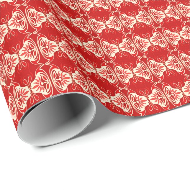 Papel De Presente Padrão de wallpaper Art Deco - vermelho e branco (Ponta do rolo)