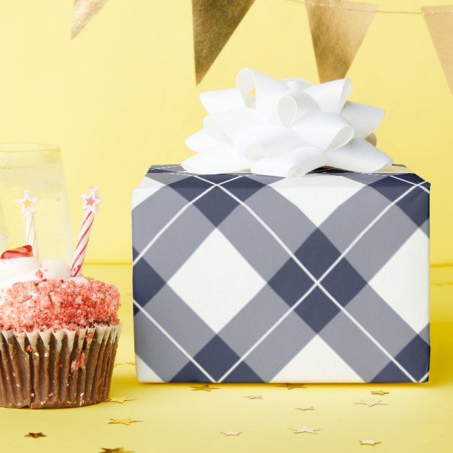 Papel De Presente Padrão de Xadrez Azul e Branco do Marinho Diagonal (Festa de aniversário)