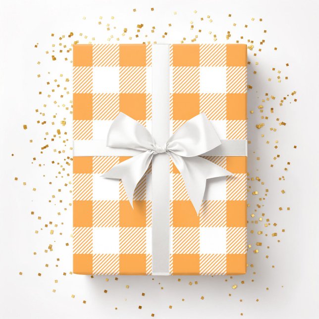Papel De Presente Padrão de Xadrez branca laranja (Orange White Plaid Pattern Wrapping Paper)