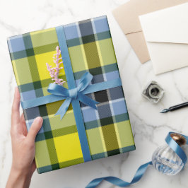 Papel De Presente Padrão de Xadrez do Tartan Azul e Amarelo moderno