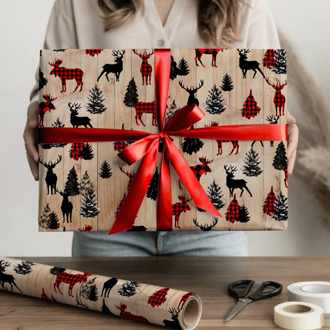 Papel De Presente Padrão de xadrez moderna de alce de alce (Elegant modern lumberjack moose plaid pattern wrapping paper)