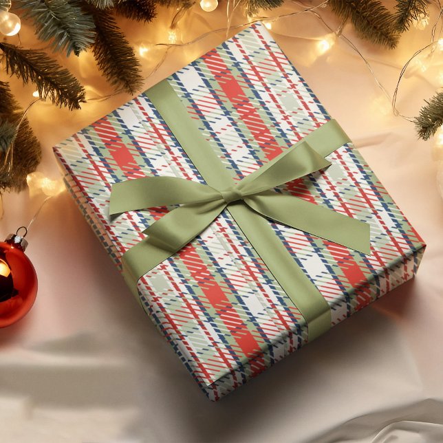 Papel De Presente Padrão de Xadrez Verde Vermelha Cinza de Natal (Classic red and green plaid Christmas gift wrap with ribbon and festive holiday decor)