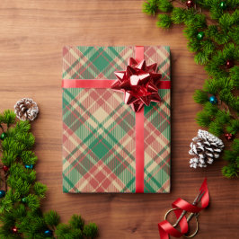 Papel De Presente Padrão de xadrez verde-vermelha da vindima natalíc