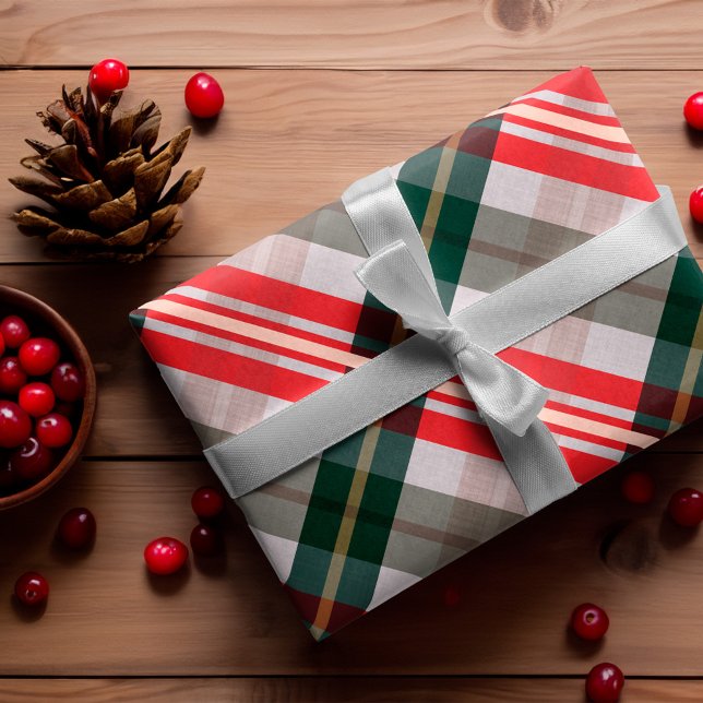 Papel De Presente Padrão de Xadrez Verde Vermelho Na moda Festivo (Festive Stylish Candy Cane Red Green Plaid Pattern Wrapping Paper)