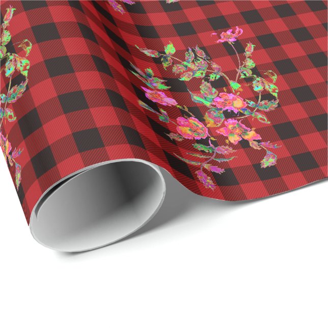 Papel De Presente Padrão de xadrez vermelho clássico preto aquarela  (Ponta do rolo)