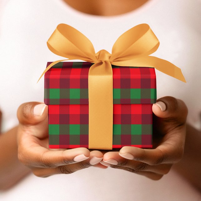 Papel De Presente Padrão de Xadrez Vermelho e Buffalo Verde de Natal (Criador carregado)