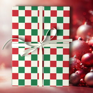 Papel De Presente Padrão de Xadrez Vermelho e Verde de Férias Retro