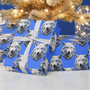 Papel De Presente Padrão Design Azul da Cabeça do Lobo Branco