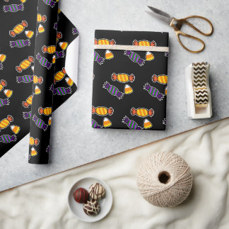 Papel De Presente Padrão Divertido de Doces de Halloween em Preto