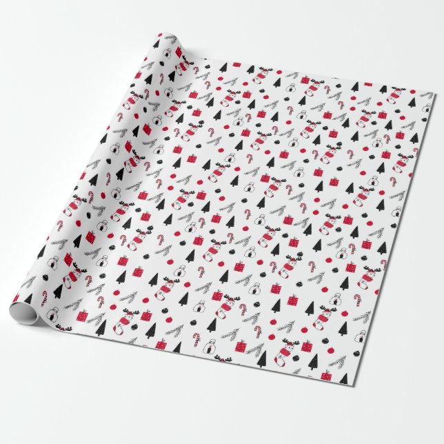 Papel De Presente Padrão Divertido de Natal Vermelho, Preto e Branco (Desenrolado)