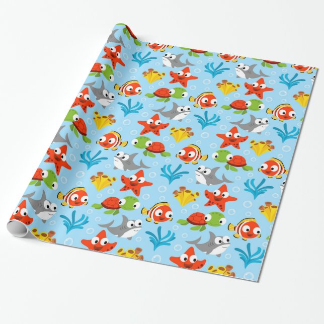 Papel De Presente Padrão Divertido para Crianças do Oceano Peixe (Desenrolado)