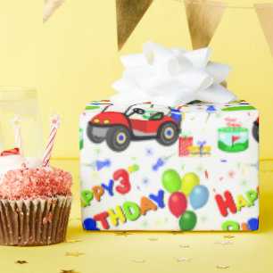 Papel De Presente Padrão do aniversário de 3 anos Red Golf Cart Boy