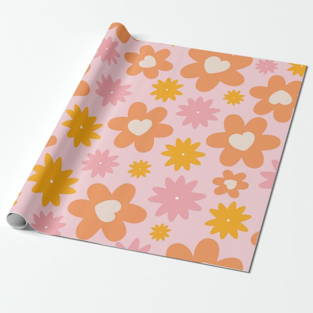 Papel De Presente Padrão do Coração Floral Retro (Desenrolado)