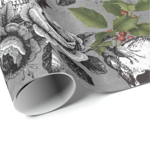 Papel De Presente Padrão do Crânio de Natal Floral Gótico