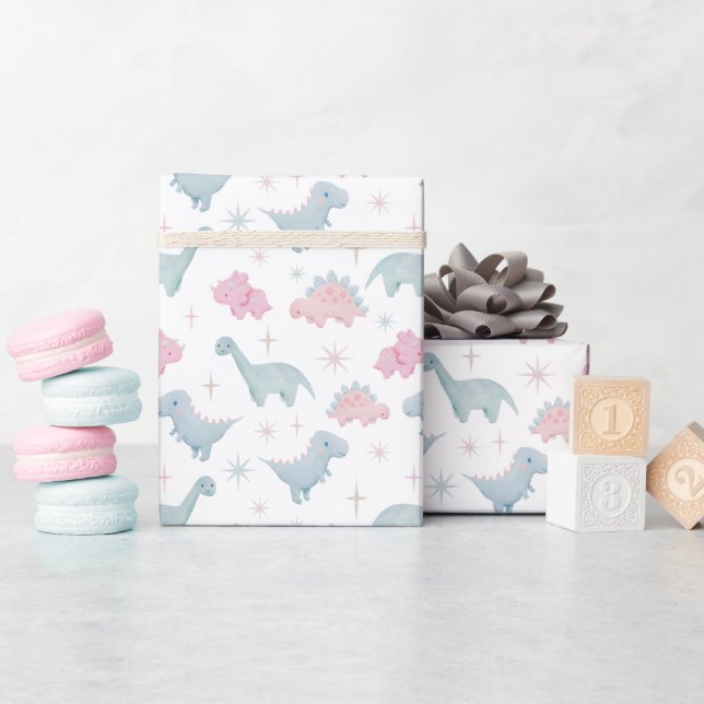 Papel De Presente Padrão do Dinossauro Rosa (Chá de bebê)