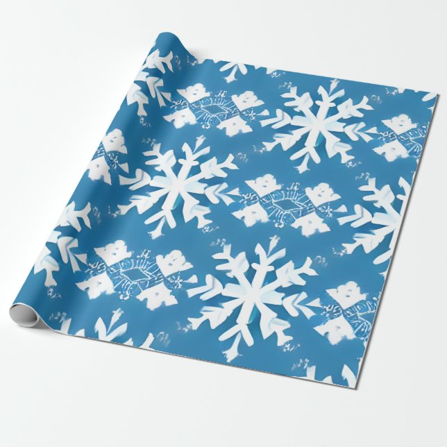 Papel De Presente Padrão do Floco de Neve no Fundo Azul (Desenrolado)