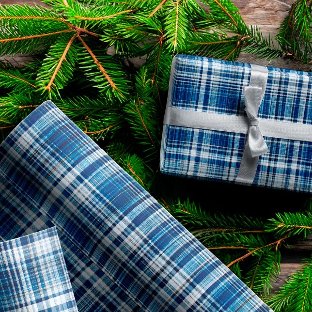 Papel De Presente Padrão do Painel Azul e Xadrez Branca (Cozy Blue and White Plaid Flannel Pattern Wrapping Paper)