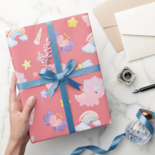 Papel De Presente Padrão do pastel arco-íris de dinossauro rosa-doce