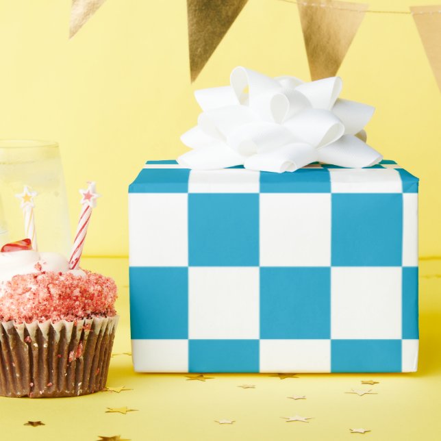 Papel De Presente Padrão do quadro de verificação branco azul (Festa de aniversário)