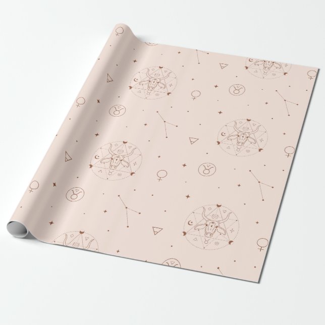 Papel De Presente Padrão do Zodíaco Touro em Marrom e Borgonha (Desenrolado)