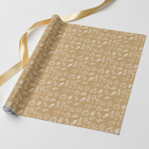 Papel De Presente Padrão Doodle Fofo Marrom Moderno Outono Dia de Aç