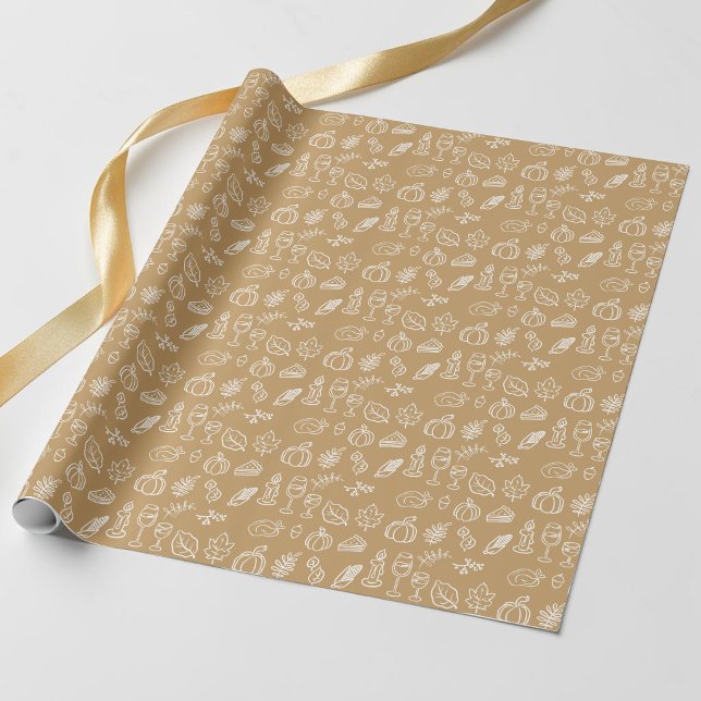 Papel De Presente Padrão Doodle Fofo Marrom Moderno Outono Dia de Aç (Modern Brown Cute Doodle Pattern Fall Thanksgiving Wrapping Paper)