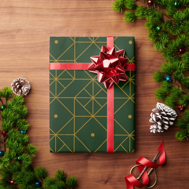 Papel De Presente Padrão Dourado da Arte Moderna Verde Festiva 103 (Presente de Natal)