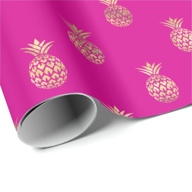 Papel De Presente Padrão Dourado de abacaxi rosa-quente tropical  (Ponta do rolo)