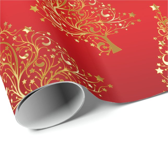 Papel De Presente Padrão Dourado de árvore de Natal elegante (Ponta do rolo)