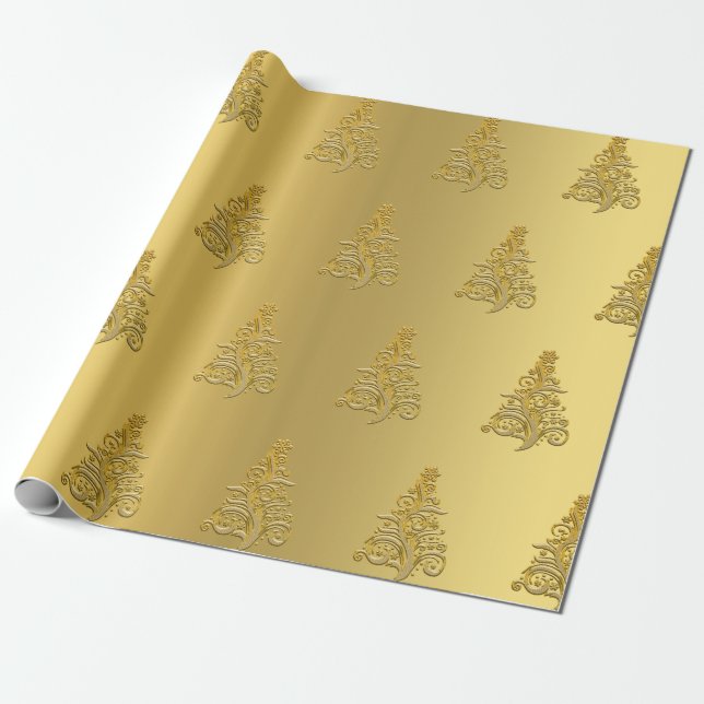 Papel De Presente Padrão Dourado de árvore de Natal elegante (Desenrolado)
