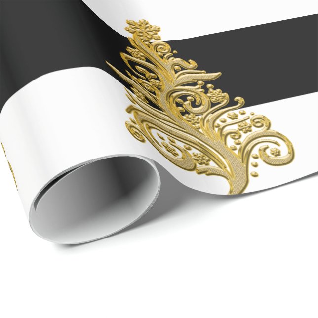 Papel De Presente Padrão Dourado de árvore de Natal elegante (Ponta do rolo)