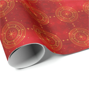 Papel De Presente Padrão Dourado de Compass e Estrelas Vermelhas
