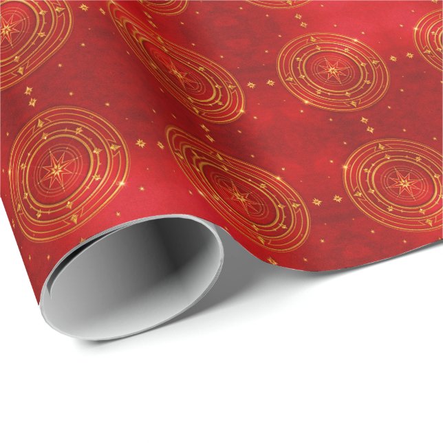 Papel De Presente Padrão Dourado de Compass e Estrelas Vermelhas (Ponta do rolo)