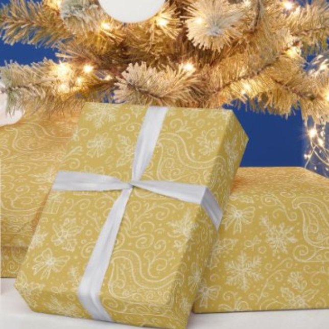 Papel De Presente Padrão Dourado de Dormência de Natal de Doodle (Criador carregado)