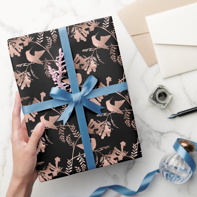 Papel De Presente Padrão Dourado de Hummingbird em preto rosa (Presentear)