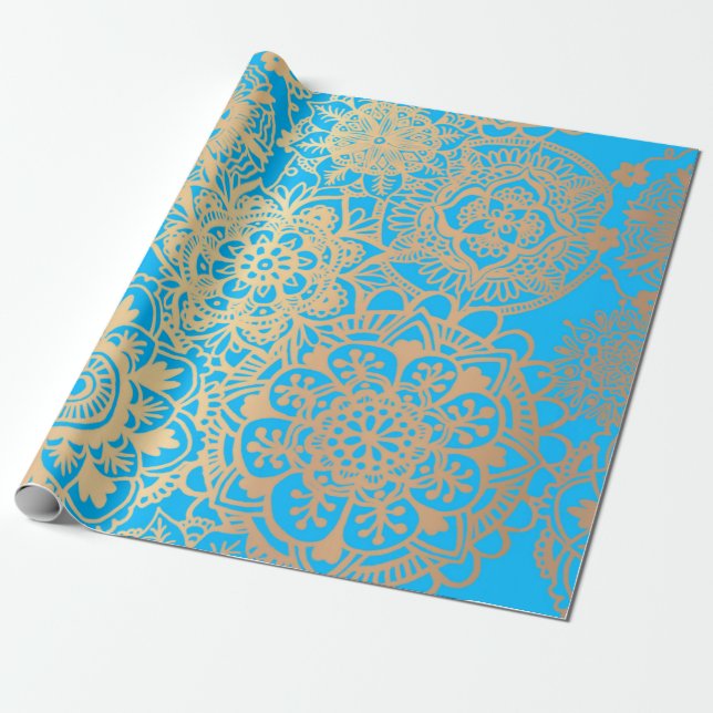 Papel De Presente Padrão Dourado de Mandala Azul Elegante (Desenrolado)