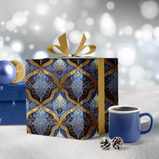 Papel De Presente Padrão Dourado de Natal Azul nº 31 ID1009