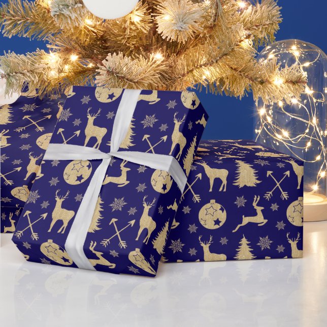 Papel De Presente Padrão Dourado de Natal Rustic Deer no Azul (Feriados)