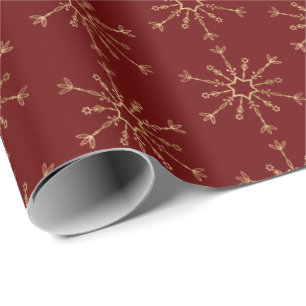 Papel De Presente Padrão Dourado de Neve Vermelho