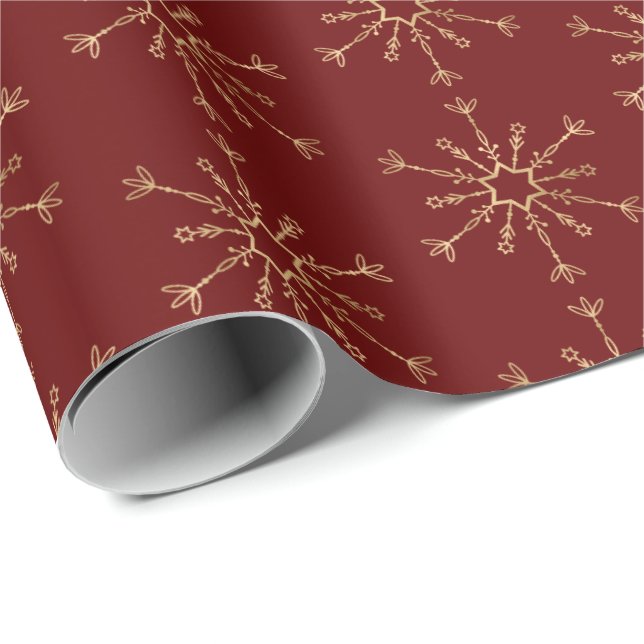 Papel De Presente Padrão Dourado de Neve Vermelho (Ponta do rolo)