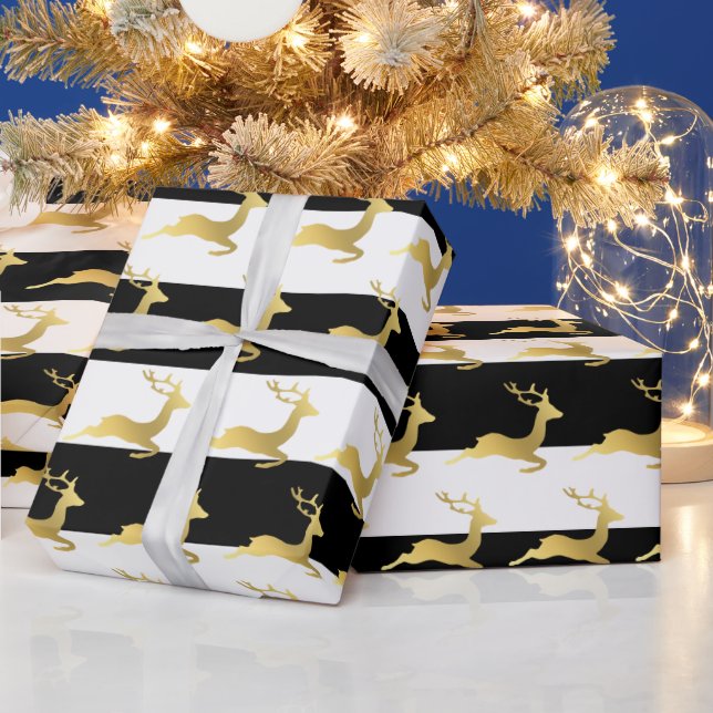 Papel De Presente Padrão Dourado de renas de Natal elegante (Feriados)