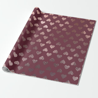 Papel De Presente Padrão Dourado do Coração Elegante na Borgonha Pro