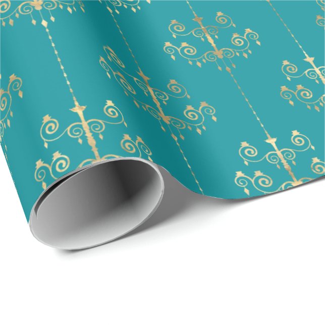 Papel De Presente Padrão Dourado do Glam Teal Elegante (Ponta do rolo)