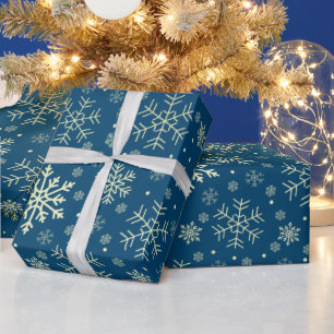 Papel De Presente Padrão Dourado e Azul do Floco de Neve