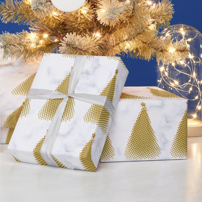 Papel De Presente Padrão Dourado e branco da árvore de Natal Elegant (Feriados)