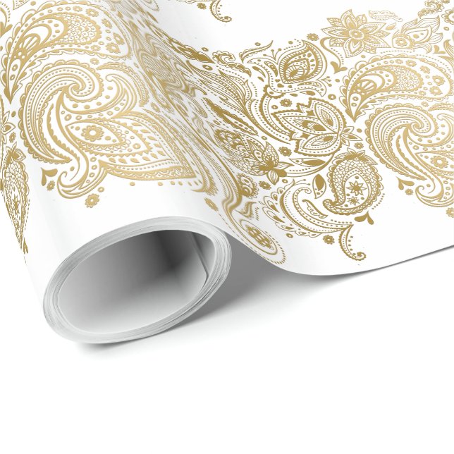 Papel De Presente Padrão Dourado E Branco Da Faixa De Paisley (Ponta do rolo)