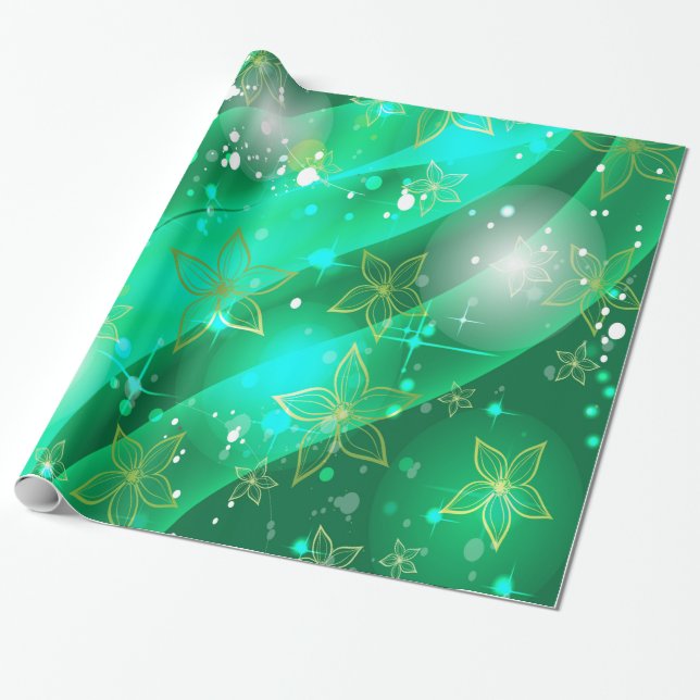 Papel De Presente Padrão Dourado e Emerald Floral Sparkle (Desenrolado)