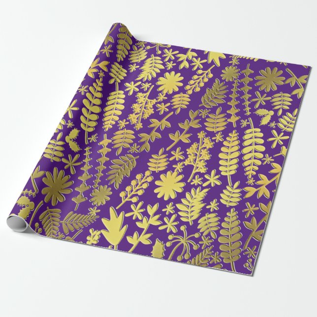 Papel De Presente Padrão Dourado e prateado da árvore de Natal roxo (Desenrolado)